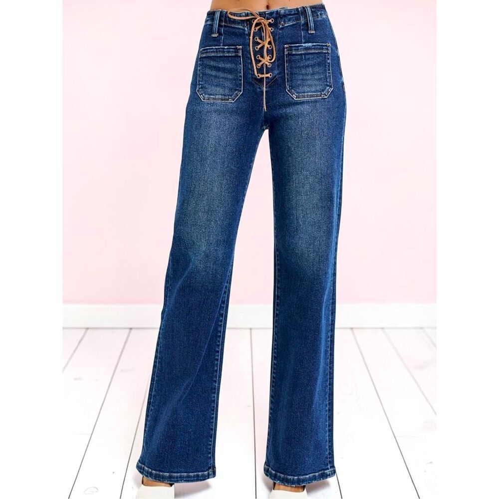 Risen High Rise Wide Leg Lace Up Jeans Dark Wash Tie Patch Pocket Stretch Denim - Picture 9 of 13
